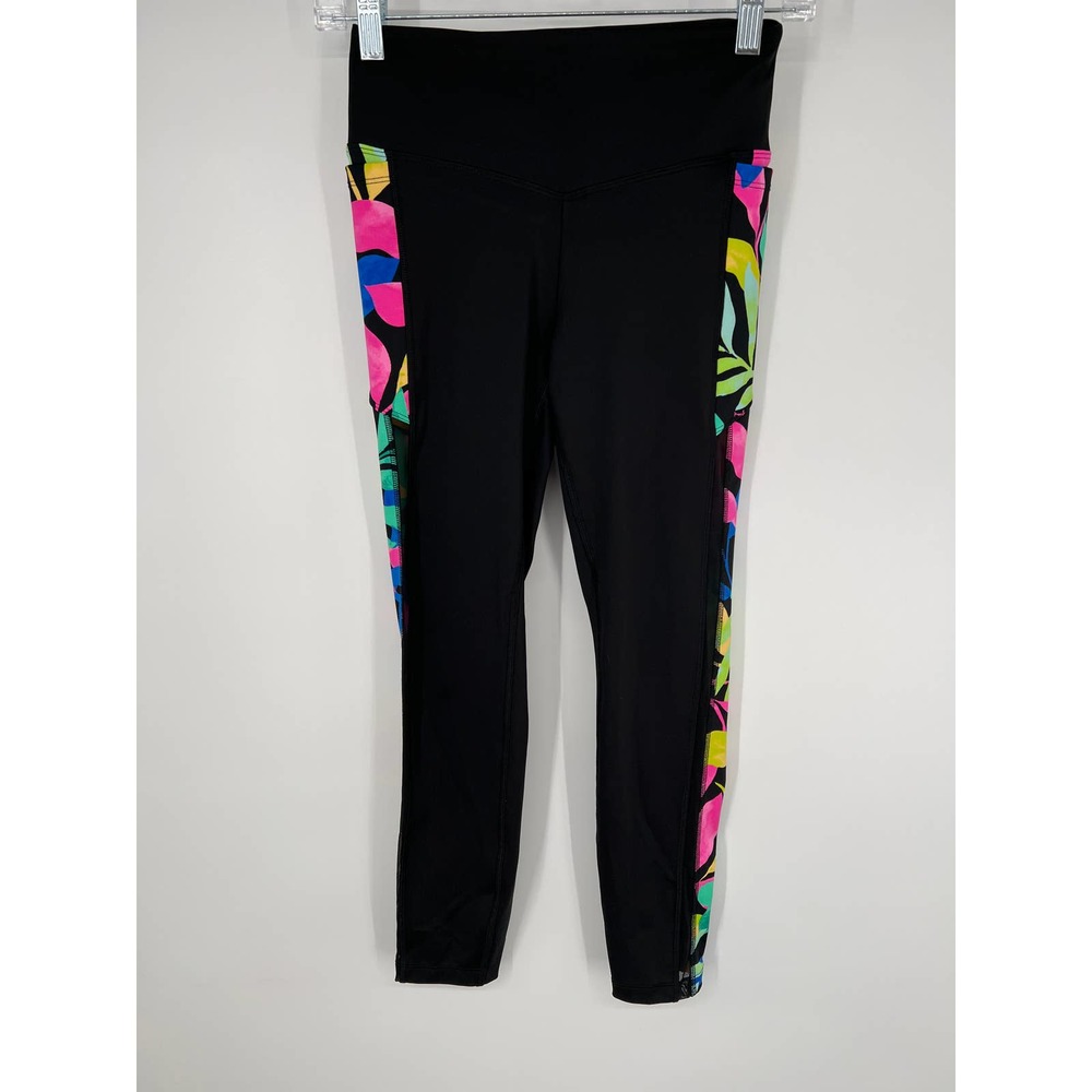PINK Active women's black leggings with multi color sides and mesh panel size S